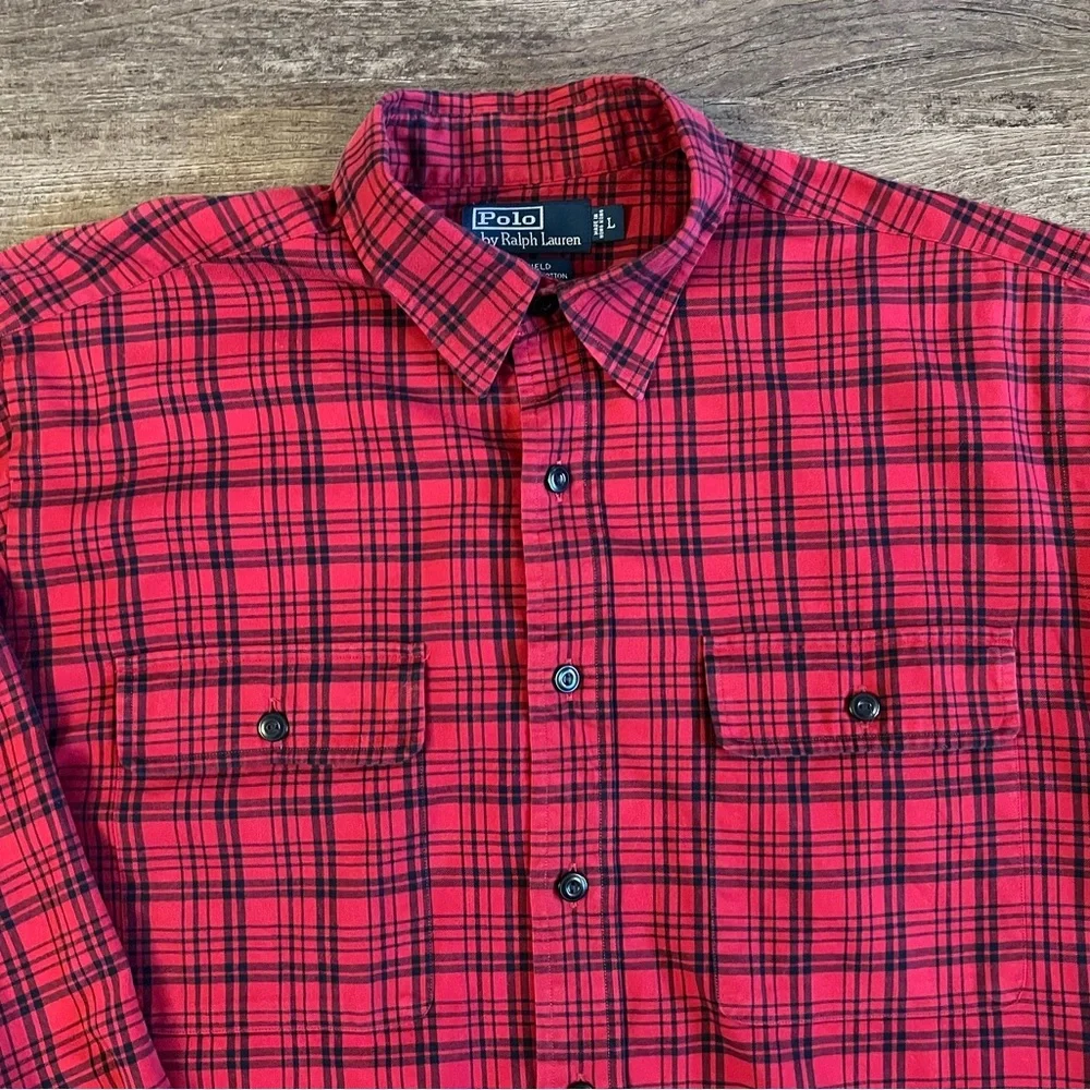 VTG Polo Ralph Lauren Cotton Whitfield Flannel Shirt Red Plaid Men Sz‎ Large C21